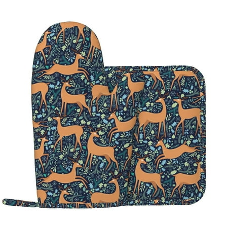 

Oven Mitts and Pot Holders Sets Reindeer Non-Slip Silicone Oven Gloves Potholders Cotton Lining Heat Resistant Gloves Hot Pads for Kitchen Cooking Baking
