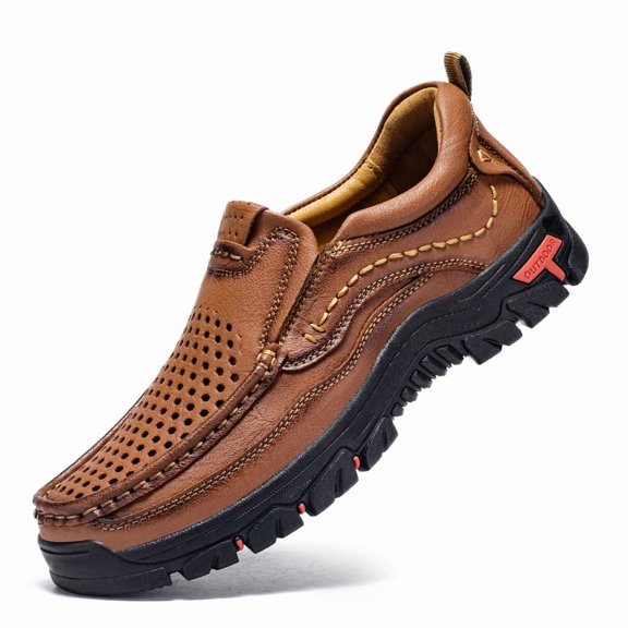 Perforated Breathable Slip-On Outdoor Hiking Leather Shoes for Men