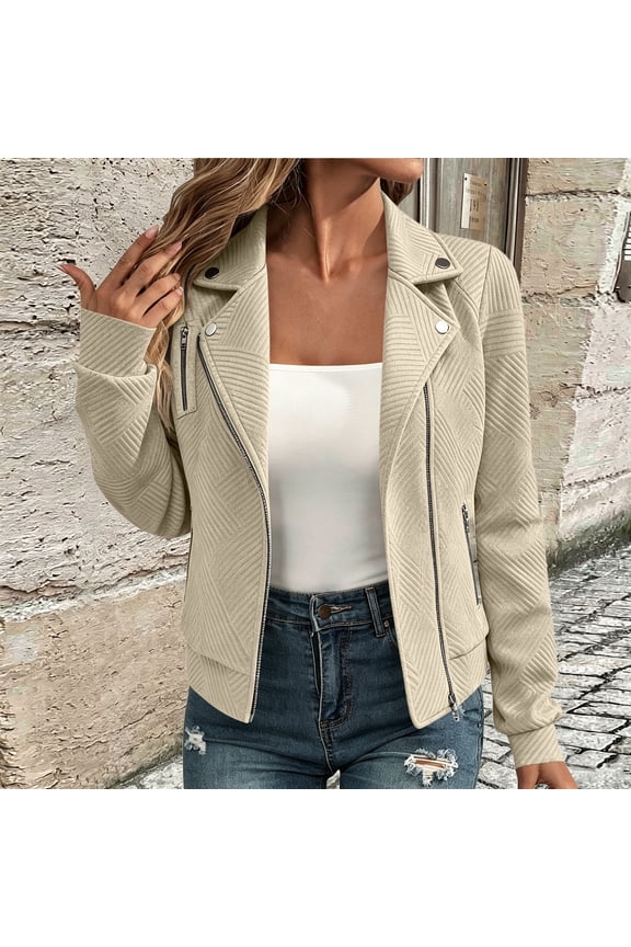 Womens Jacket Long Sleeve Lapel Solid Multi Zipper Pockets Quilted Moto Jacket with Decorative Buttons Casual Edgy for Street
