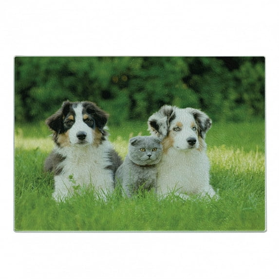 Dog Cutting Board, Pets Puppy Family in the Garden Australian Shepherds and a Cat Scenery, Decorative Tempered Glass Cutting and Serving Board, Small Size, Cream Grey Fern Green, by Ambesonne