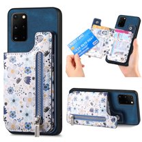 Feishell Zipper Wallet Case for Samsung Galaxy S20 FE with Card Holder, Floral Flower Pattern PU Leather Phone Case for Women Girls, RFID Blocking & Kickstand Shockproof Protection Cover, Blue