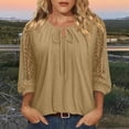 thumbnail image 2 of ClodeEU Women's Lace Patchwork 3/4 Sleeve Crewneck Top ,Solid Color Casual Spring Summer Blouse Khaki,Women's Plus M, 2 of 7