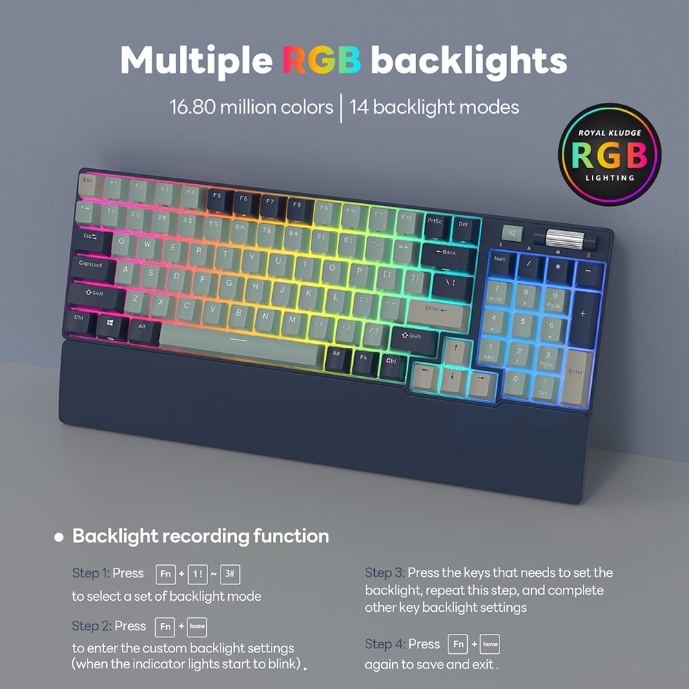 RK ROYAL KLUDGE RK96 RGB Limited Ed 90% 96 Keys Wireless Triple Mode BT5.0/2.4G/USB-C Hot Swappable Mechanical Keyboard with Wrist Rest Software Support & Massive Battery Blue Switch