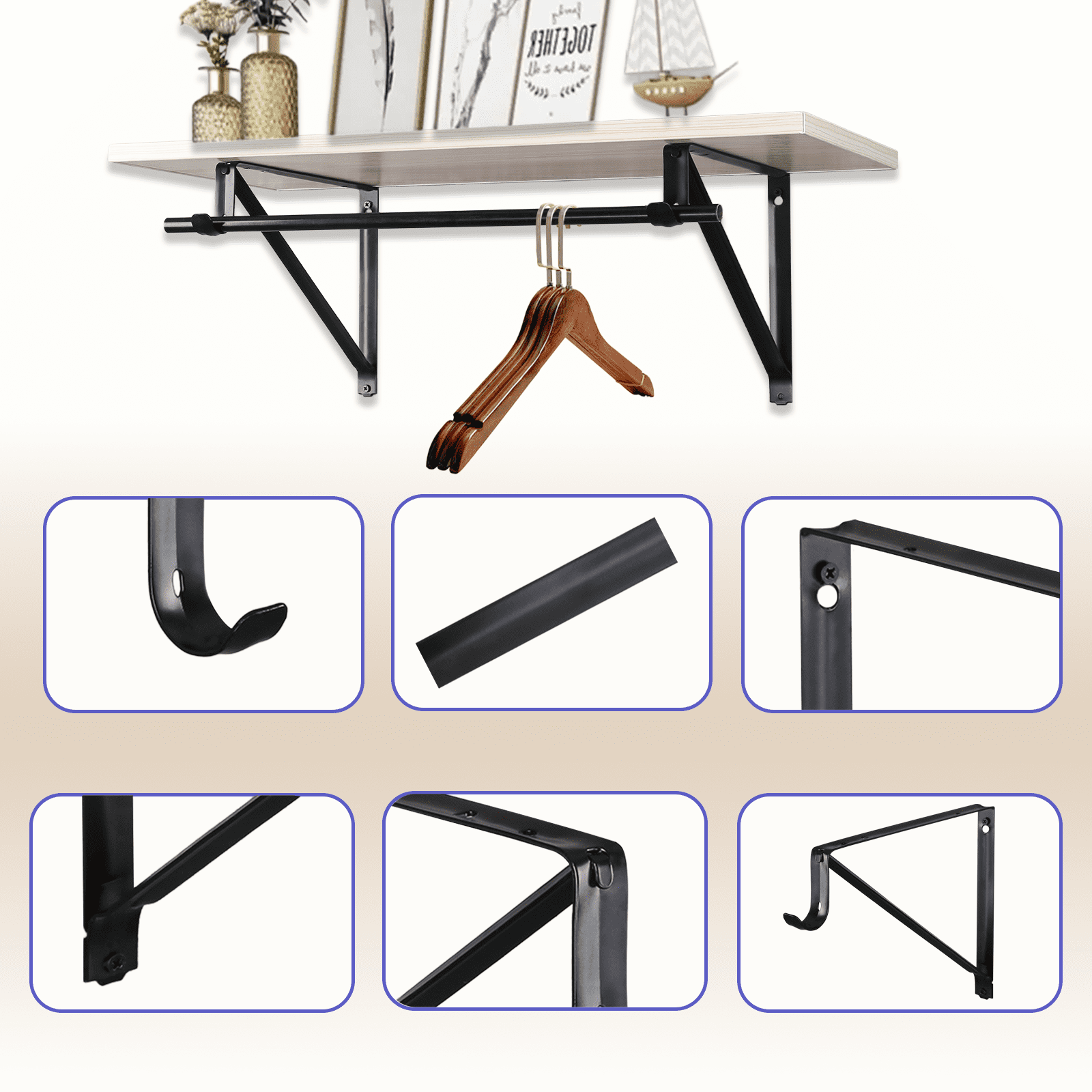 WellMade 11 x 9.5 in Wall Mounted Closet Rod Brackets 2 Pack, Steel Shelves Support with Rod Shelving Support, Black with Screws