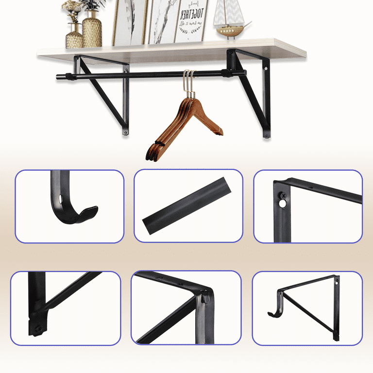4-Pack Wall Mounted Closet Rod Brackets – Heavy Duty 11.2 Inch, Supports 180kg, Includes Screws & Anchors, Black