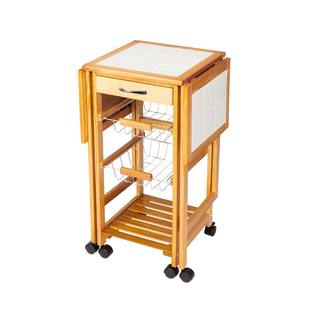 Kepooman Kitchen Storage Cart, 4-Tier Folding Rolling Wood Cart w/ Drawers Stand Kepooman Kitchen Storage Cart, 4-Tier Folding Rolling Wood Cart w/ Drawers Stand