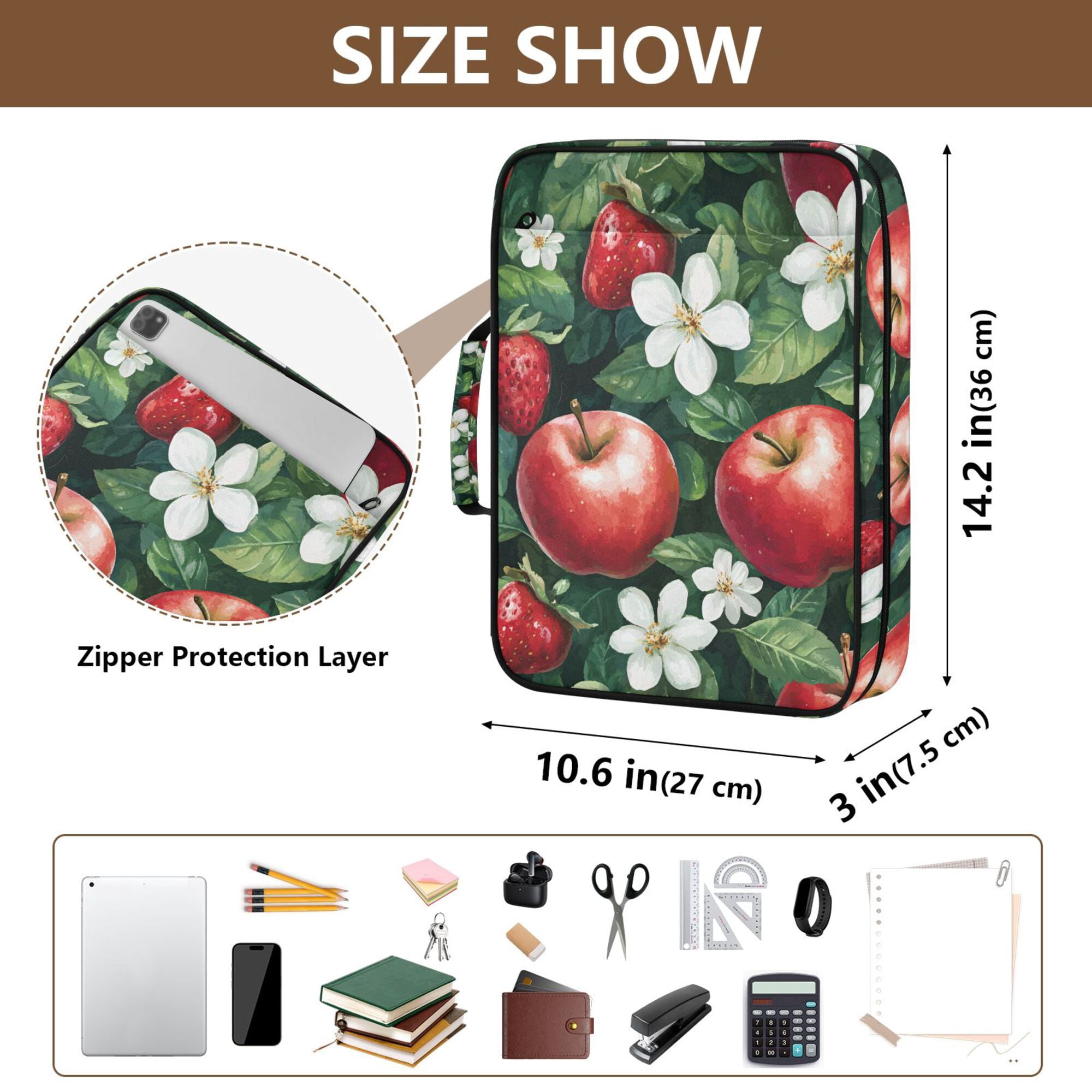 FORMRS Accordion File Folder A4 Size 7-Pocket Expanding Document Organizer Bag with 3 Ring Binder, Red Apple Pattern