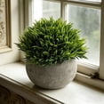 thumbnail image 1 of Artificial Flowers Ceramic Arrangement, High End Mini Bouquet For Living Room Table Decor, Green Plastic Simulation Plant In Vintage Pot, 13 x 13 x 9 cm, Maintenance Free, Small Office Shelf Accent, 1 of 6