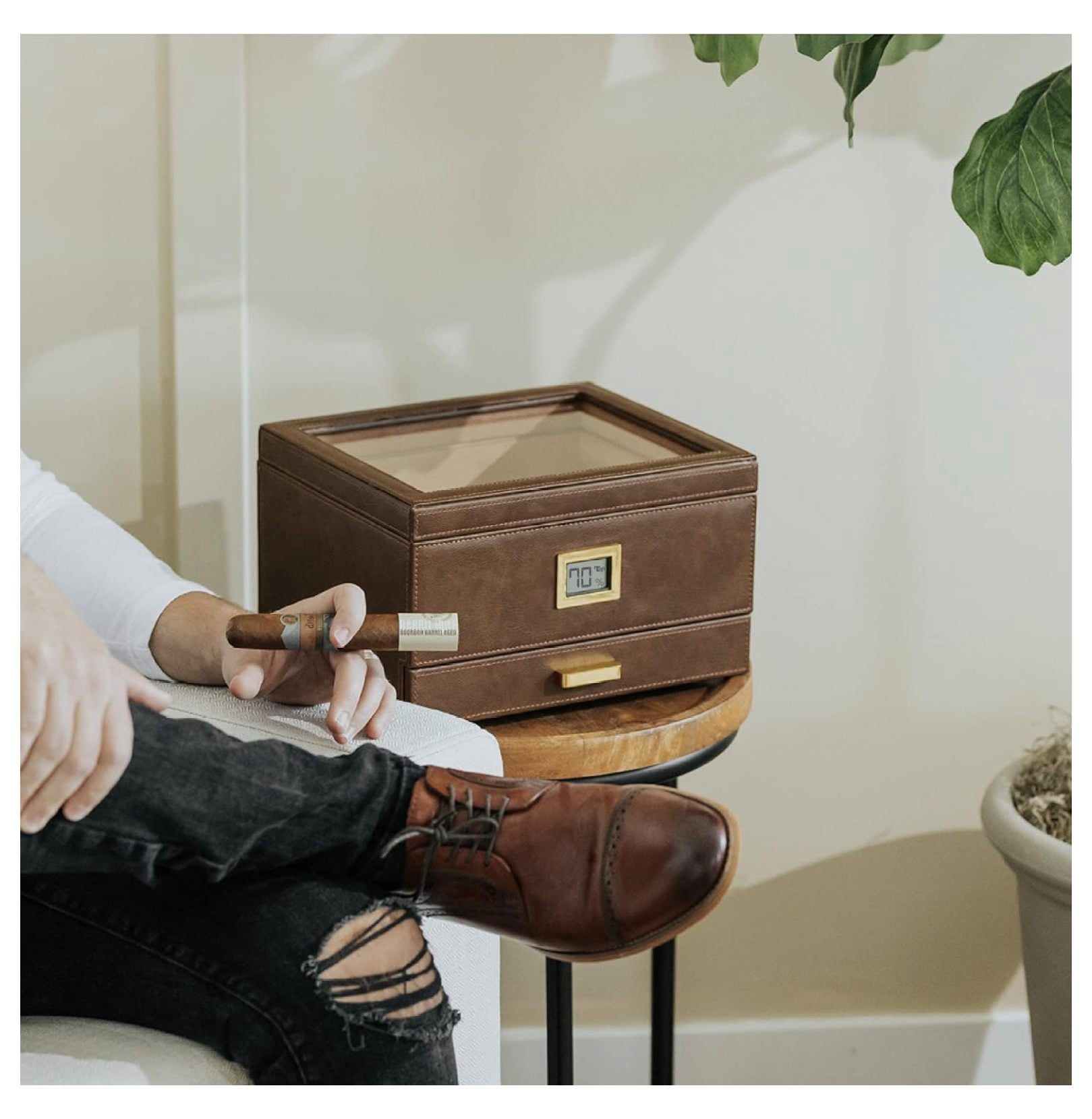 Glass Top Humidor Easy Humidification System, Thick Cedar, Accurate Digital Hygrometer, Leather Wrapped, Brown, Holds 30-60