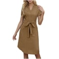 thumbnail image 6 of Womens Midi Dress Adjustable Belt Spring & Summer Short Sleeve Flowy Plain V-Neck Beach Vacation Holiday Dress Coffee S-2XL, 6 of 9