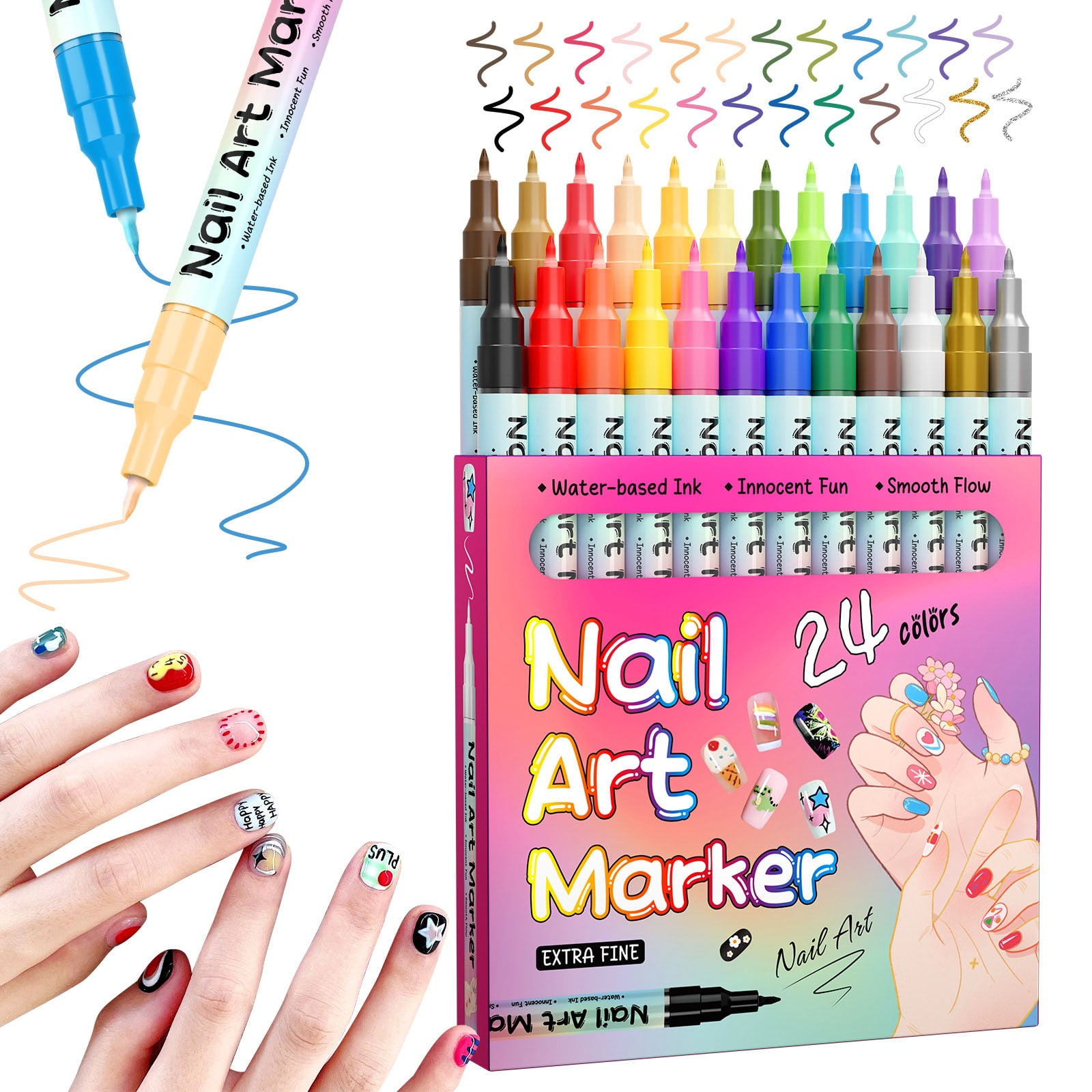 Magiart Waterproof Nail Art Pen,24 Colors Nail Art Pens Set,2026 New Nail Marker,Fine Tip Nail ArtS Pen 0.5mm,Waterproof and Quick-Drying Nail,For Polishing Dotting Painting Liner DIY (24 colors)