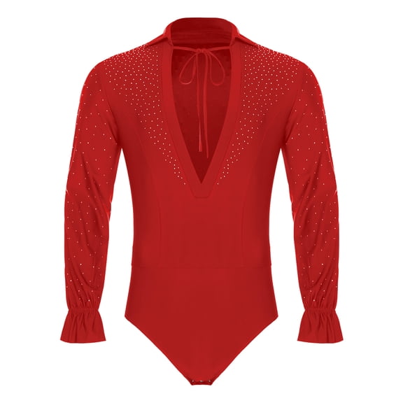 SiiRoh Men Latin Ballroom Dance Shirt Jazz Dance Leotard V Neck Long Sleeve Shiny Bodysuit Ballet Dancewear Red 3XL