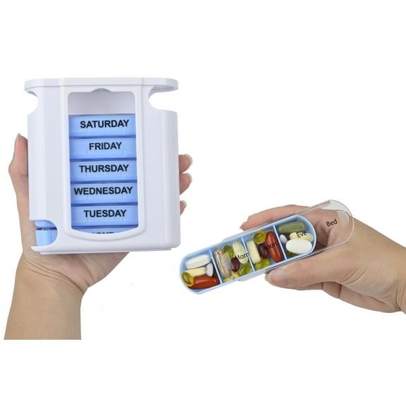 7 Day Pill Box Organizer, Hard Case with Embedded Magnet, 7 Stackable Trays with 4 Times a Day Small Pill Compartments Labeled for Morning, Noon, Evening, and Night. Perfect for Organizing Medications