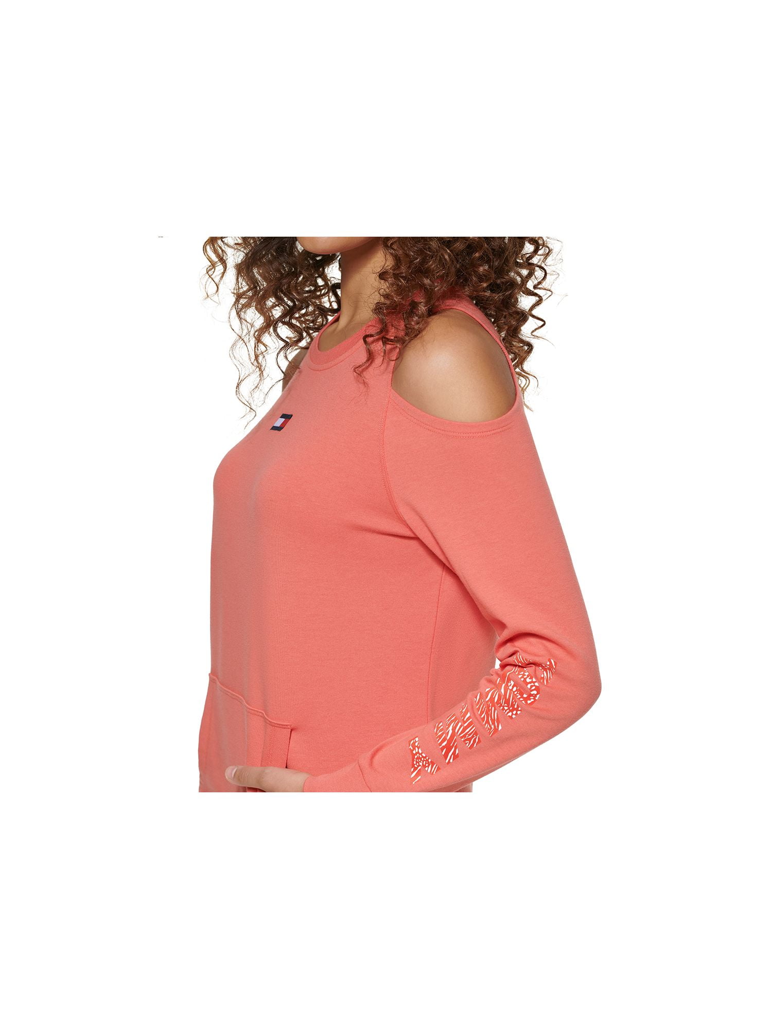 TOMMY HILFIGER SPORT Womens Coral Pocketed Cold Shoulder Ribbed Pullover Unlined Logo Graphic Long Sleeve Crew Neck Mini Sweatshirt Dress M