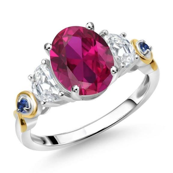 Gem Stone King 925 Silver and 10K Yellow Gold 3-Stone Ring Oval Red Created Ruby and Moissanite (2.50 Cttw, Size 5)