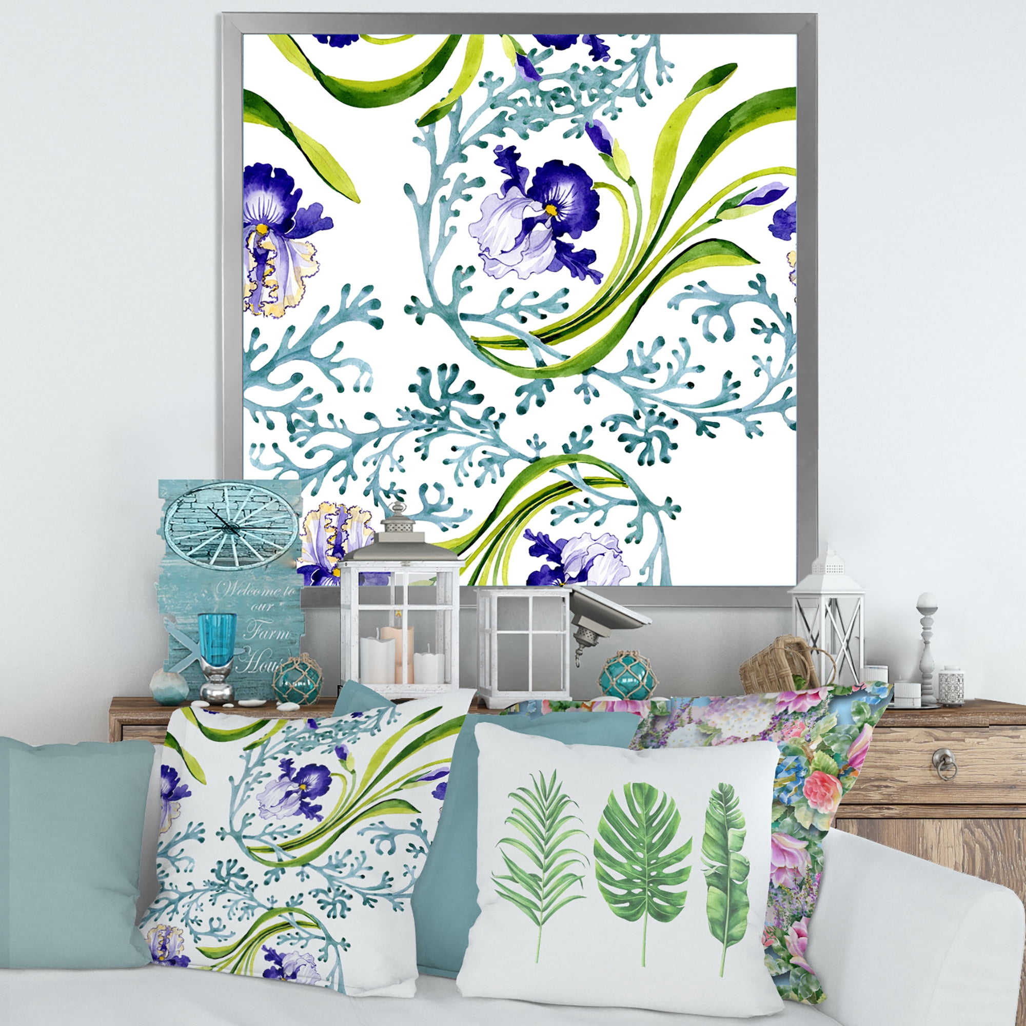 Designart 'Abstract Blue Iris With Wild Spring Leaves' Traditional Framed Art Print