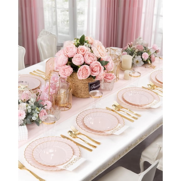 175PCS Pink Scalloped Plastic Plates - Gold Disposable Dinnerware Set Include 50 Plates, 75 Gold Silverware, 25 Cups, 25 Napkins for Party & Wedding & Baby Shower Valentines Day