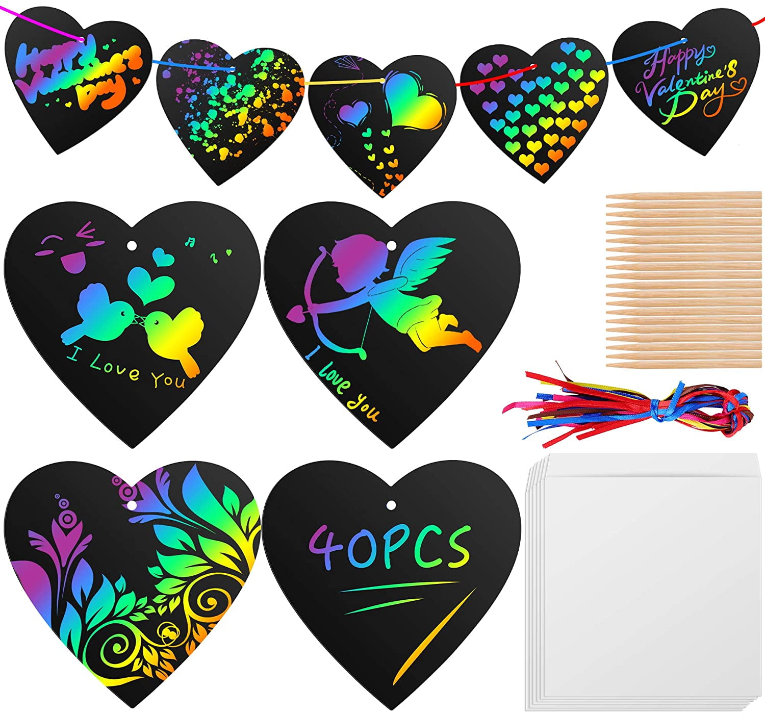 Valentines Crafts for Kids-28 Heart Shape Scratch Paper Art Set for Valentines DIY Art Decorations,Rainbow Scratch Craft Kit for School Class Valentines Art Activity,Valentines Day Gifts for Kids 