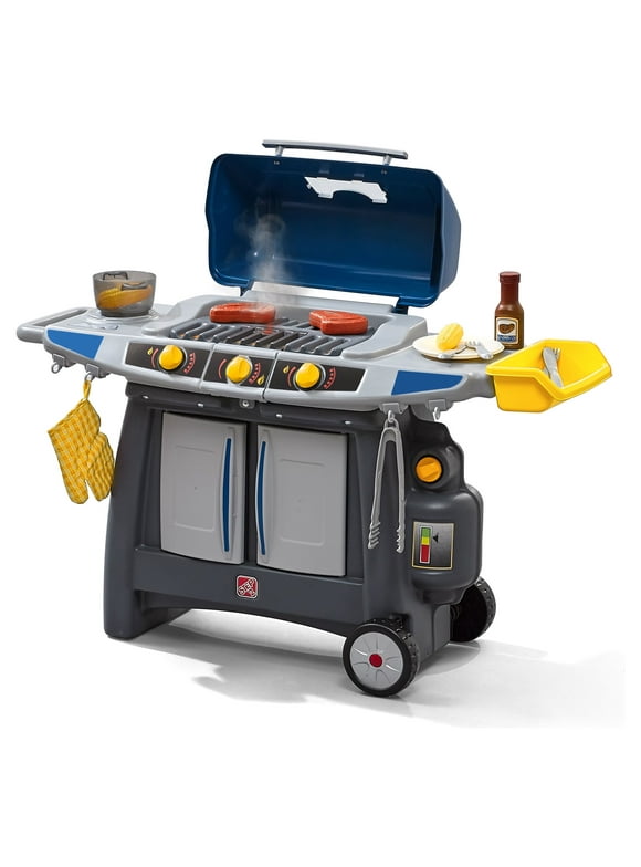 Step2 Sizzle & Smoke Barbecue Blue Toddler Grill Playset with 15 Piece Plastic Barbeque Play Set
