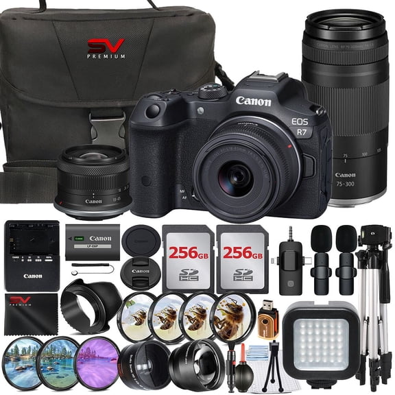 Canon EOS R7 Mirrorless Camera with RF-S 18-45mm   75-300mm Lens   2 Pack 256GB Memory Card   Case   Wide Angle   SV Premium Accessory Bundle (International Version)