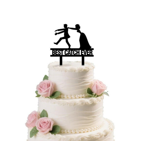 Funny Wedding Cake Topper Cute Wedding Party Decorations Best Catch Ever Cake Topper for Anniversary Bridal Shower Party Supplies（Pull the shoulder）