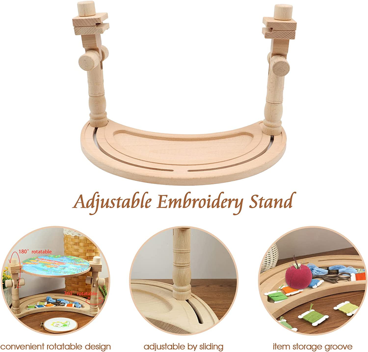 Adjustable Embroidery Hoop Stand,Hands Free Beech Wood Embroidery Hoop  Holder Frame, with 4 Bead Trays, Rotated Needlepoint Holder Stand, for  Cross