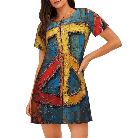Women Nightgowns Nightshirts Short Sleeve Sleepshirts Sleepwear Sleepdress, Rainbow Peace Love Sign