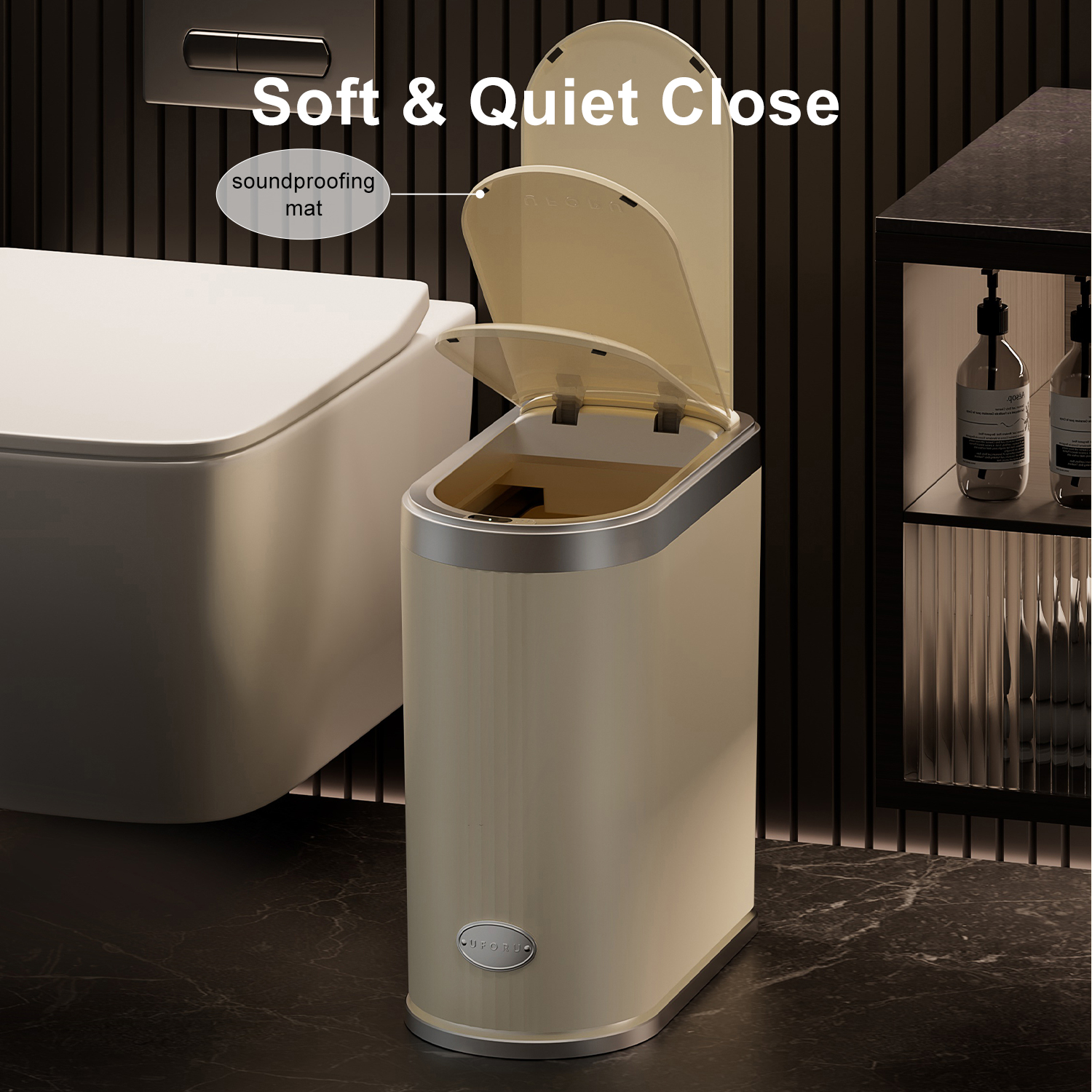 UFORU Automatic Motion Sensor Trash Can, 3.2 Gallon Plastic Slim Bathroom Trash Bin with Lid, Beige