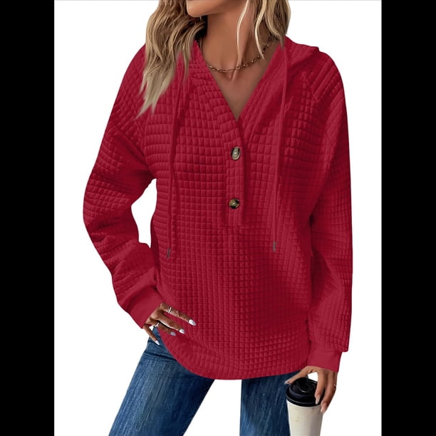 Sudadera Informal de Punto Gofre para Mujer 2025, Suéter de Cuello en V con Botones Extragrandes y Capucha con Cordón. Rojo Vino XXXL