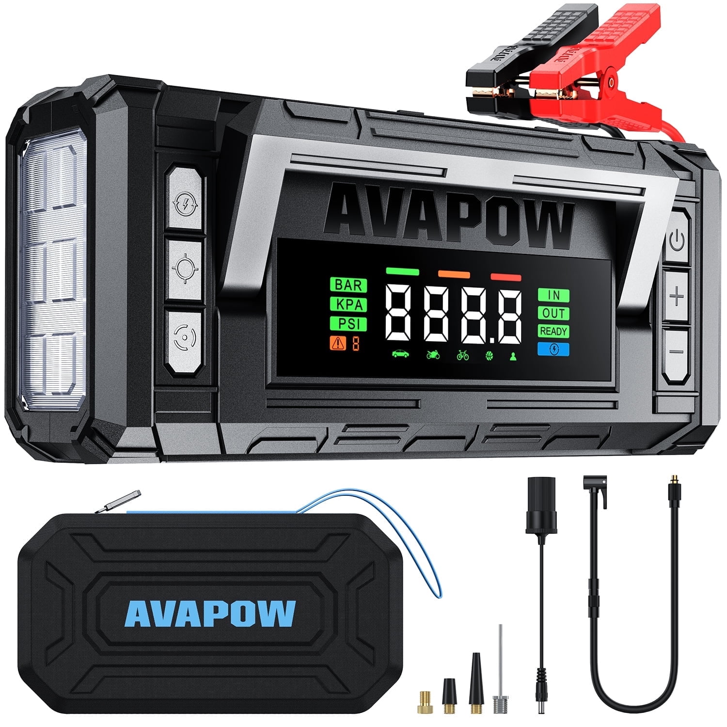AVAPOW 8-in-1 Jump Starter with Air Compressor, 8000A Car Battery Booster, 150PSI Cordless Tire Inflator with Auto-Shutoff, 12V Portable Emergency Tool with LED Light