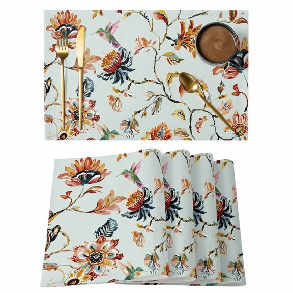 Placemats Set of 4, Green Spring Floral Woven Placemat, Linen Place Mats for Kitchen/Dining Tables, Summer Botanical Vintage Birds Washable Table Mats for Party
