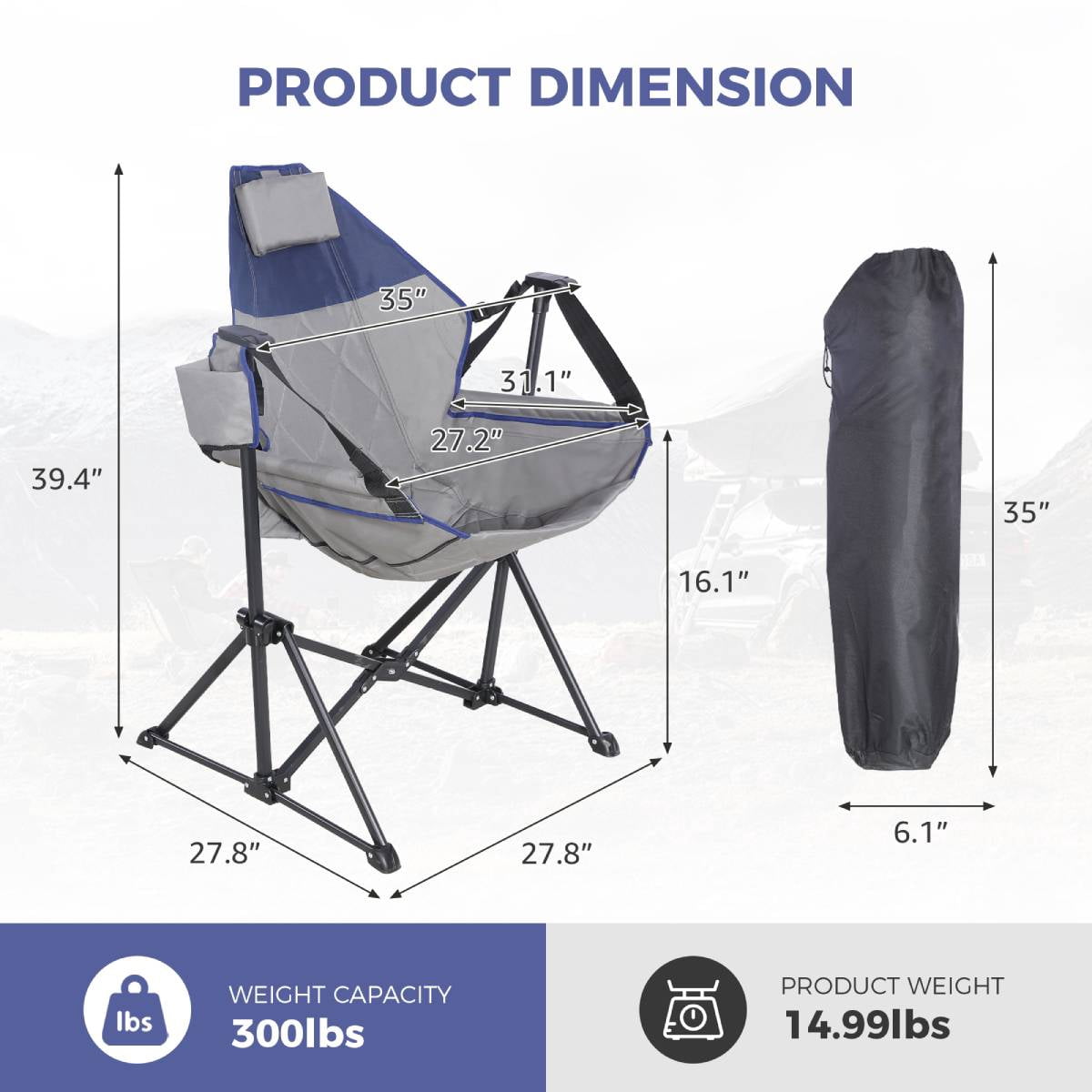 Foldable Recliner Rocking Lounger, Portable Outdoor Chair with Headrest & Cup Holder, 400lbs Load Capacity, Adjustable Backrest for Beach Lawn Hunting Fishing Tailgating