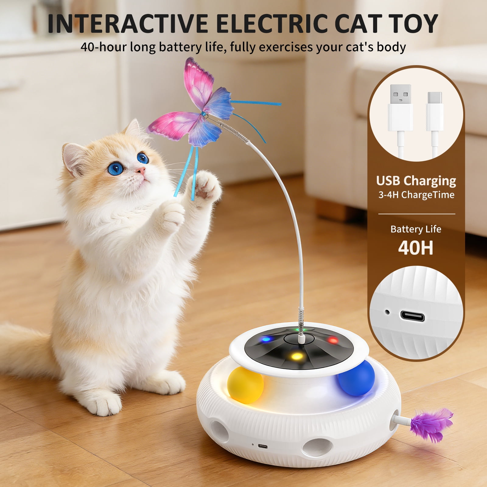 Three-in-one indoor interactive cat toy: Smart cat feather wand, USB rechargeable, White.