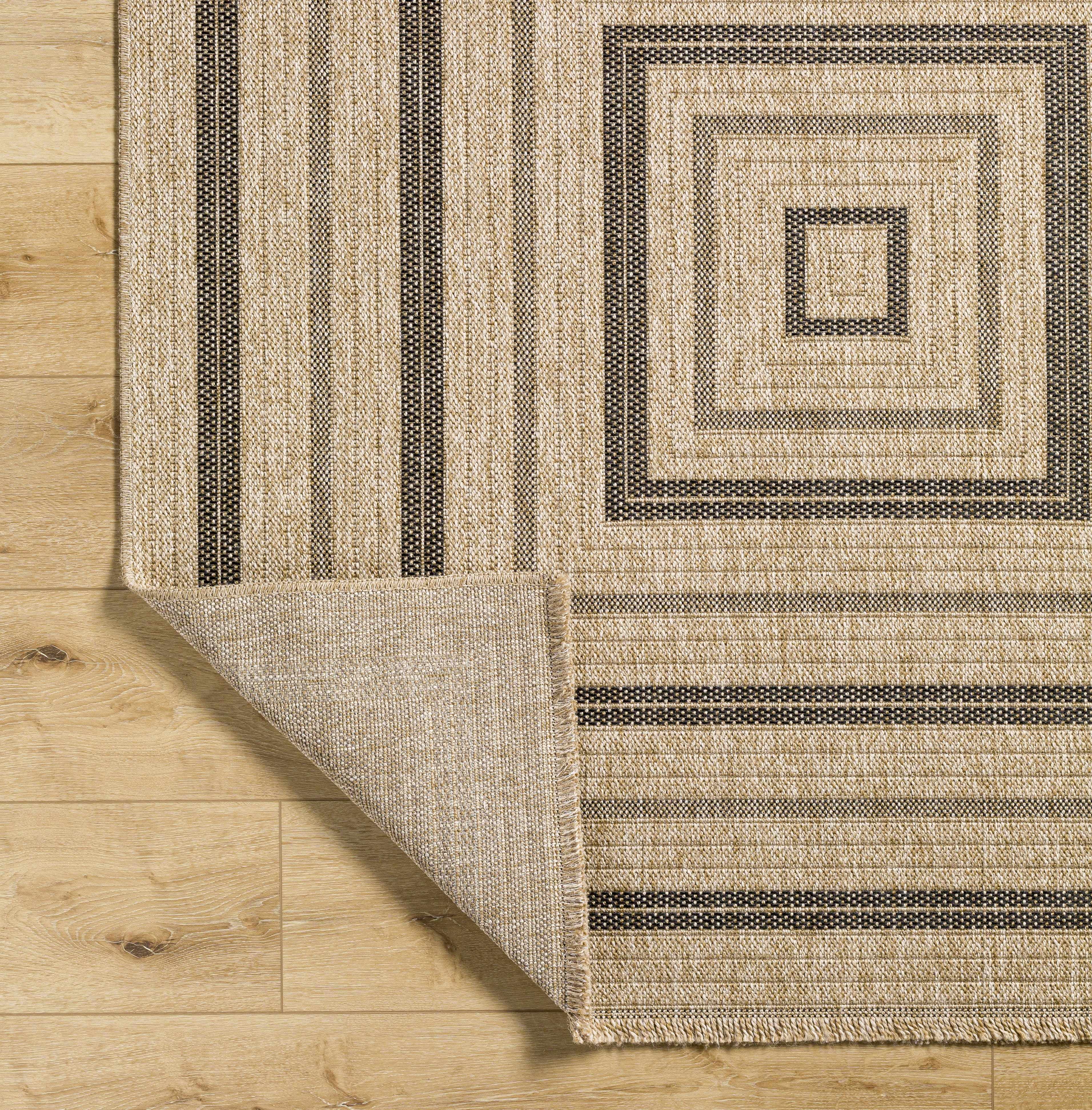Hauteloom Beril Living Room, Bedroom Patio Outdoor Area Rug - Traditional, Transitional - Tan, Black White, White Tonal - 3'3" Square