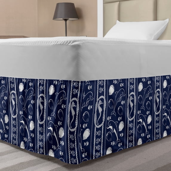 Nautical Bed Skirt, Outline Design Sea Creatures Fishes Dolphins and Seahorse with Sailor Robs, Elastic Bedskirt Dust Ruffle Wrap Around for Bedding Decor, 4 Sizes, Indigo and White, by Ambesonne
