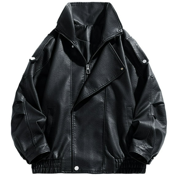 Men's PU Leather Stand Collar Zip-Front Cardigan Jacket - Lightweight Spring Fall Casual Coat with Long Sleeves (Black, Large)