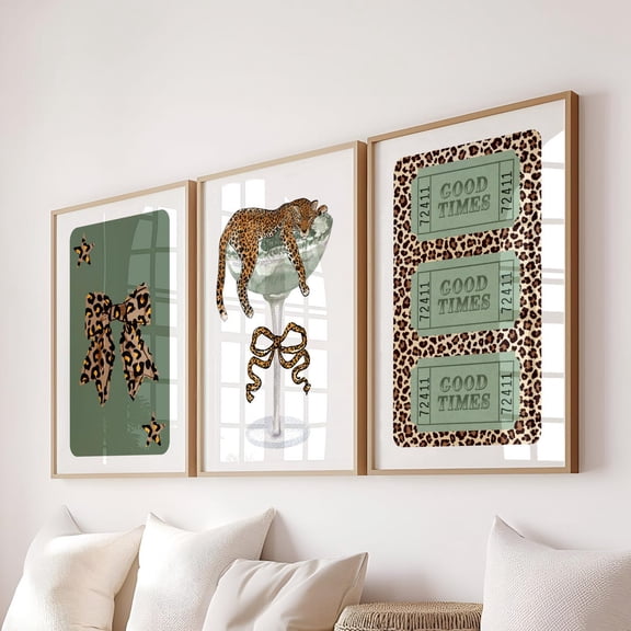 Trendy Green Retro Leopard Y2K Fashion Dorm Decor Wild Glam Gallery Wall Set 3 Unframed Paper Print 8x12