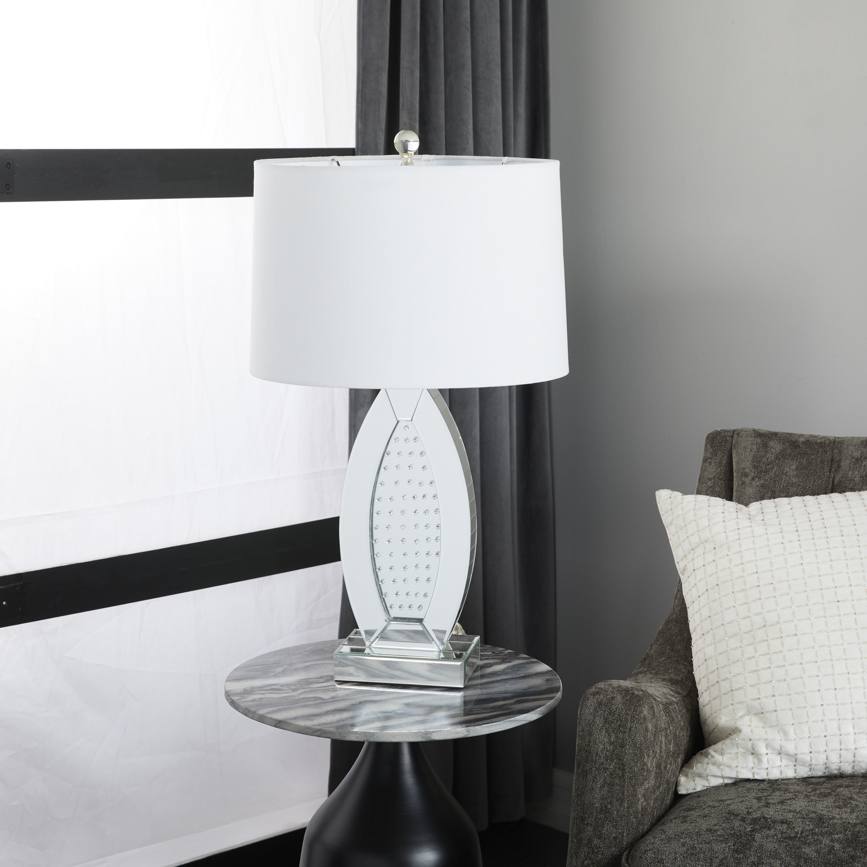 DecMode 29" Mirrored Silver Table Lamp with White Fabric Shade