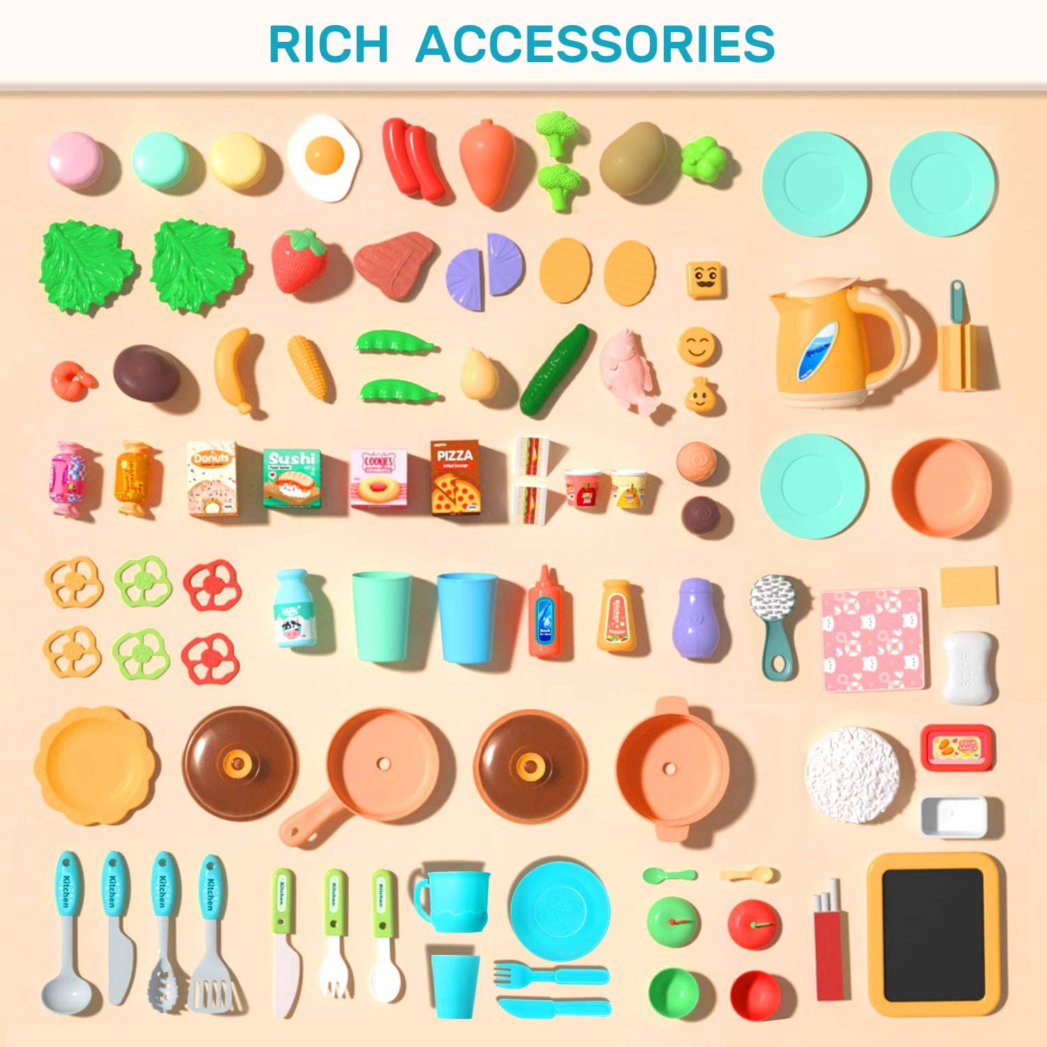 93PCS Kids Kitchen Playset,Play Kitchen Toy with Realistic Lights & Sounds,Pretend Steam,Play Sink & Oven,Color Changing Play Food,Menu Board & Other Kitchen Accessories Set for Toddlers