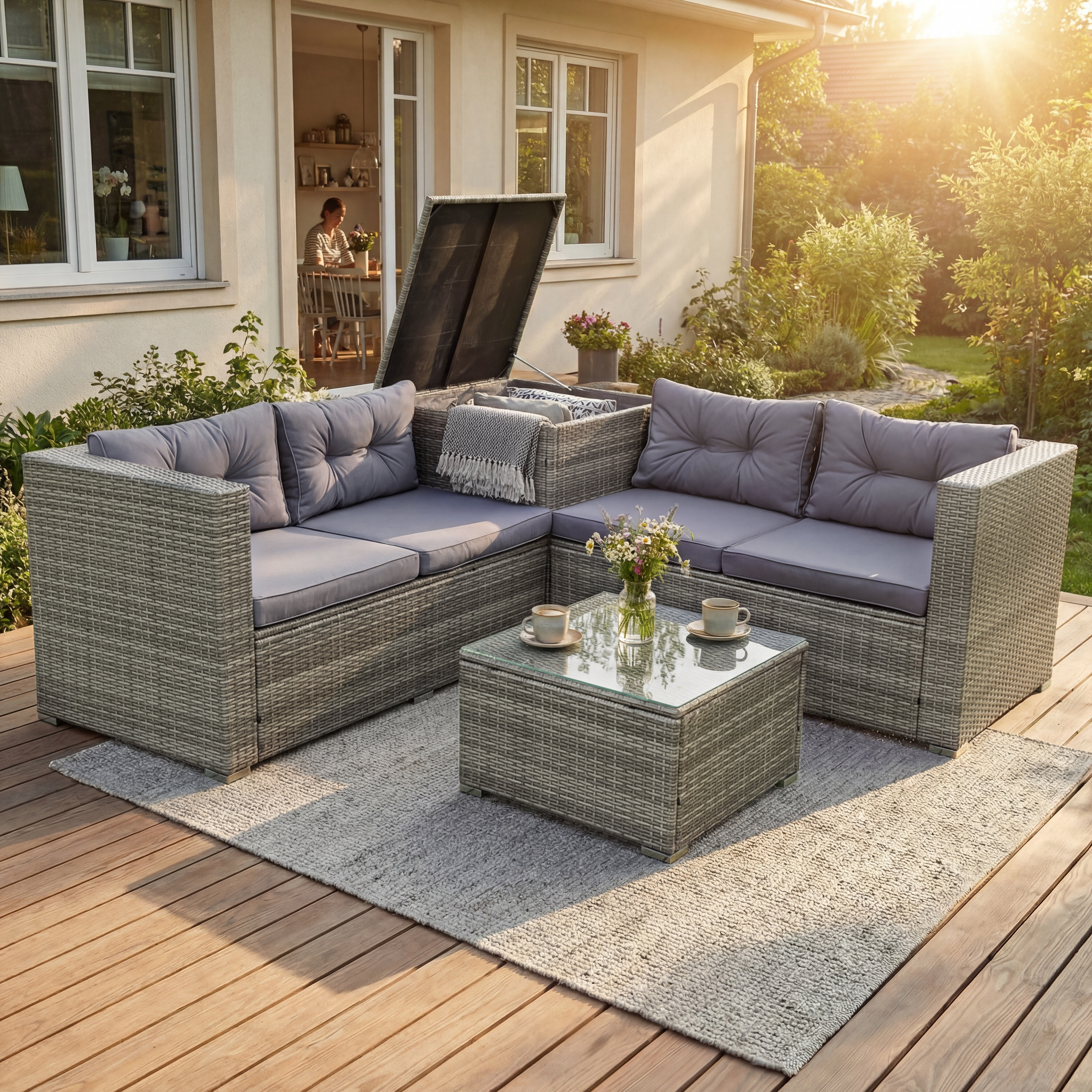 Rattan Patio Sofa Set, 4 Pieces Outdoor Sectional Furniture, All-Weather PE Rattan Wicker Patio Conversation, Cushioned Sofa Set with Glass Table & Storage Box for Patio Garden Poolside Deck