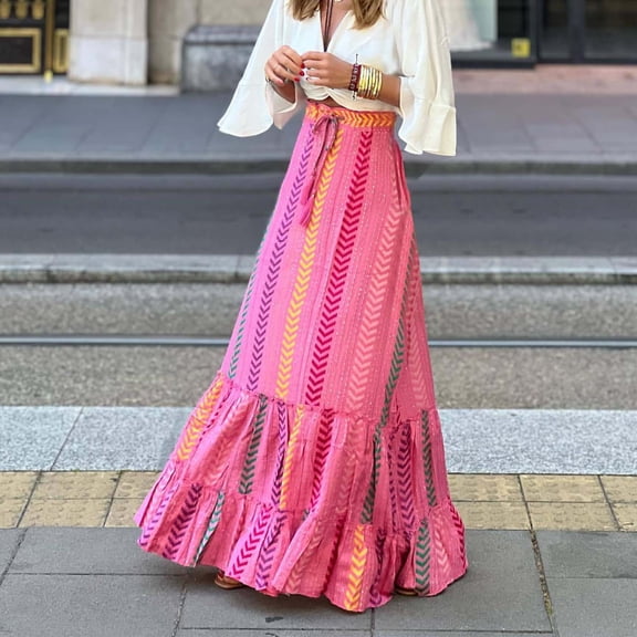 Skirts for Women Skirt Women Bohemian Midi Flowy A-Line Beach Skirt with Tie Waist Floral Print for Summer Wear Red M
