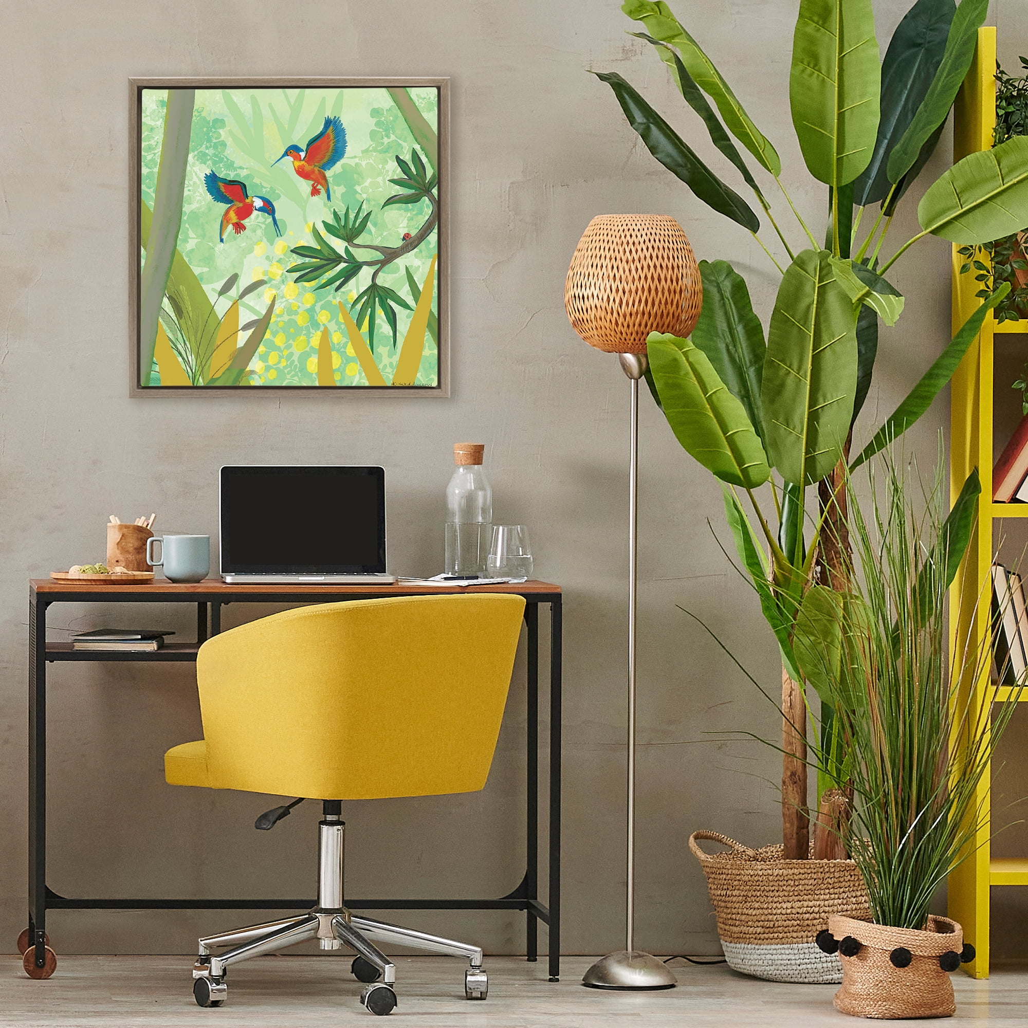 Stupell Industries Kingfishers in Jungle Branches Brown Framed Floater Canvas Wall Art, design by Kay Widdowson