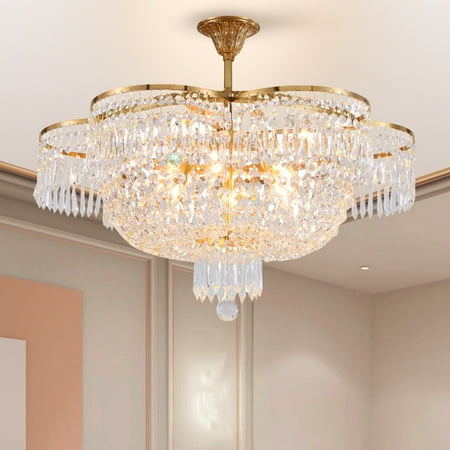 

KPIBEST Gold Bronze Modern Style Crystal Chandeliers Round Hanging Classic Pendant Ceiling Chandelier Lighting Fixture