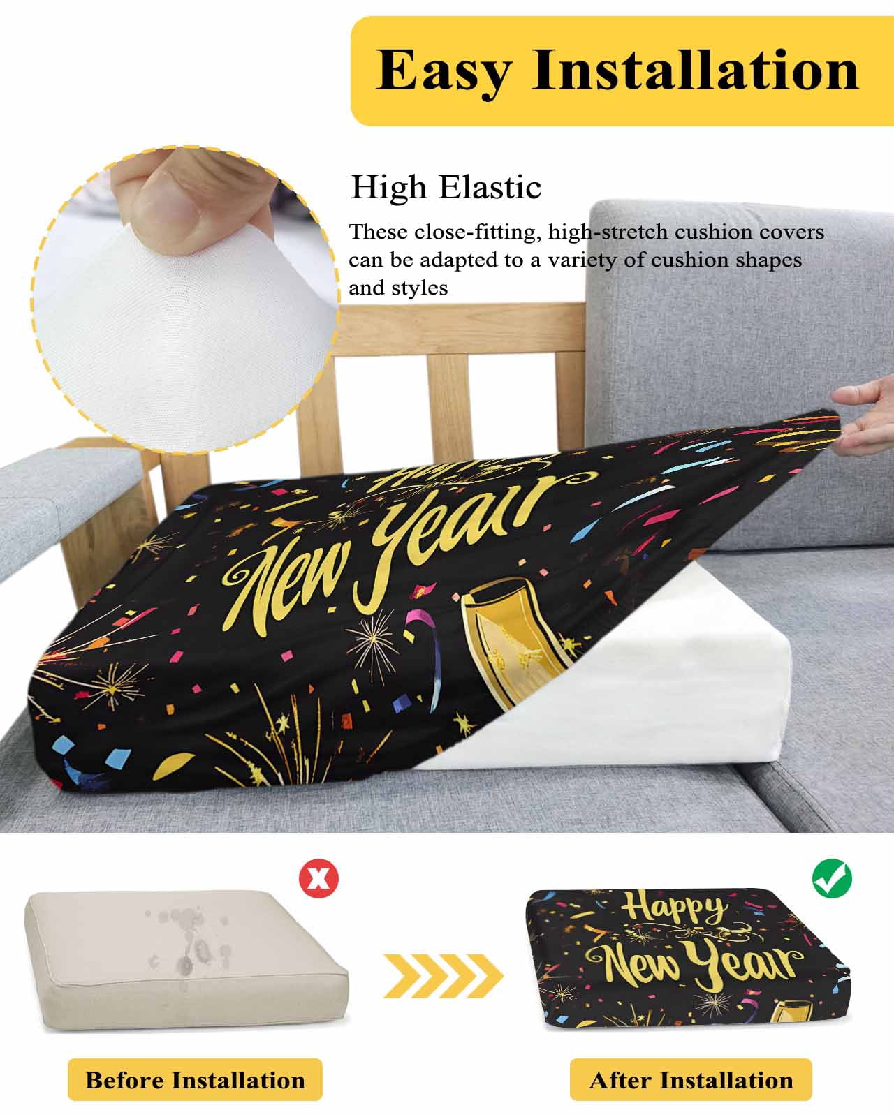 Happy New Year Couch Cushion Covers, Stretch Seat Cushion Covers for Sectional Sofa, Colorful Modern Abstract Art Individual Sofa&nbsp;Slipcovers Furniture Protector with Elastic&Straps Small 1Pcs