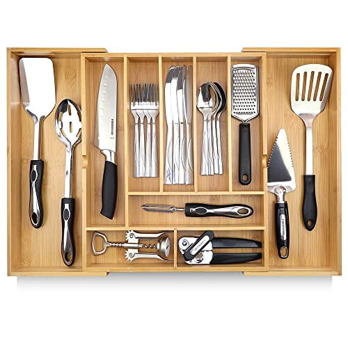 Pristine Bamboo Organiseur de Couverts - Organiseur de Tiroir de Cuisine Extensible - Organiseur de Tiroir de Cuisine Ajustable pour Ustensiles, Extensible à 25 Pouces de Large, 10 Compartiments, Plateau à Couverts pour Tiroir