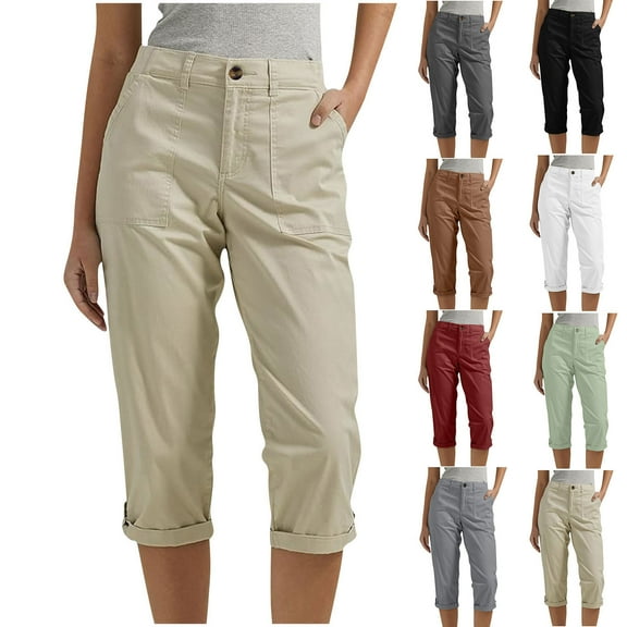 Delliss Pull On Capri Cargo Pants for Women with Pockets Stretch Cropped Work Fold Hem Loose Pants