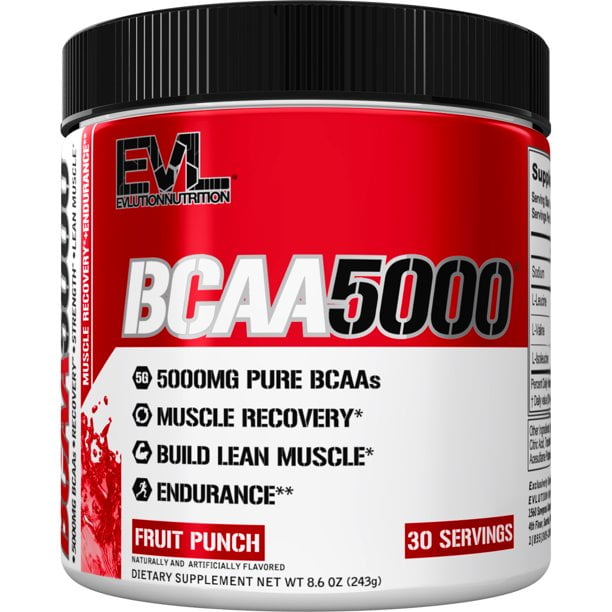 BCAA5000 Energy Powder 5000mg - EVL BCAA Powder for Performance & Lean Muscle - Sugar Free Fruit Punch Flavor, 30 Servings