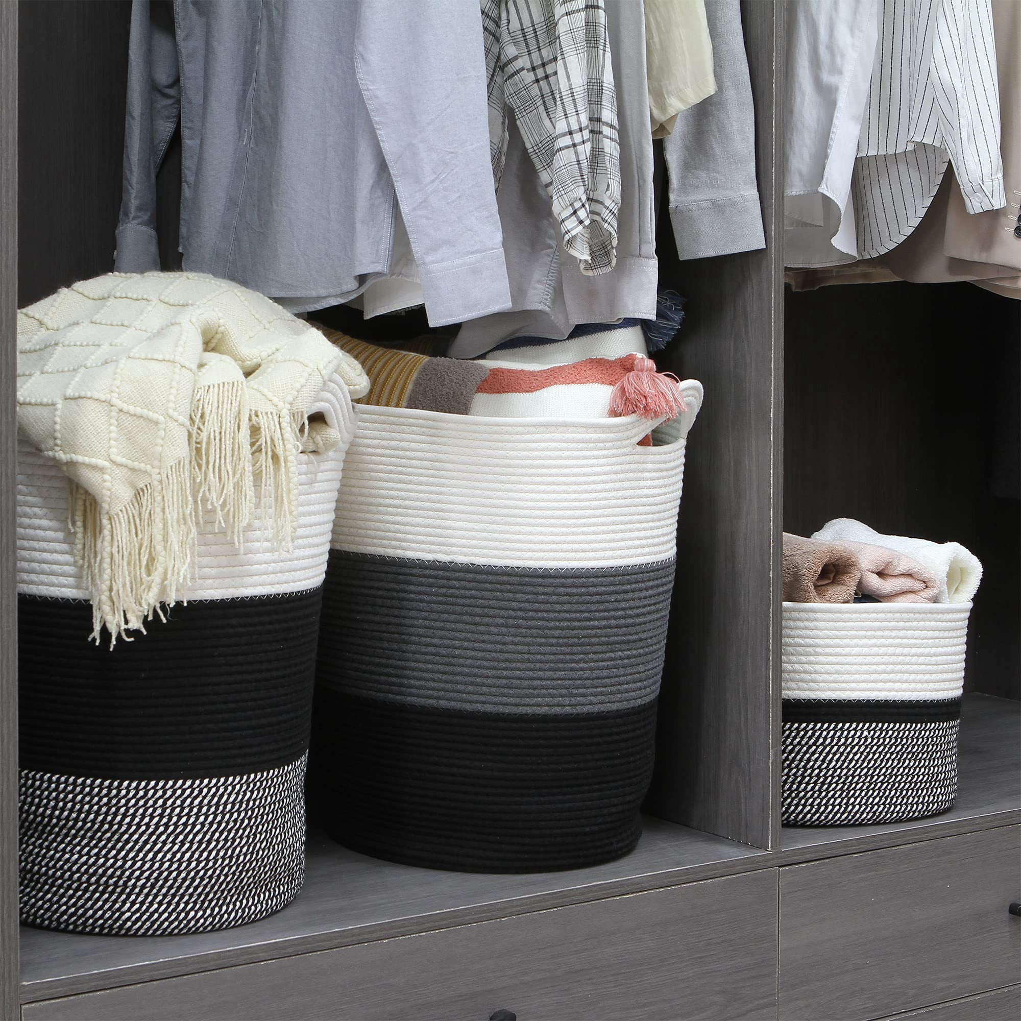 Sea Team Large Size Cotton Rope Woven Storage Basket Laundry Hamper with Handles, 14 x 20 inches, White & Black