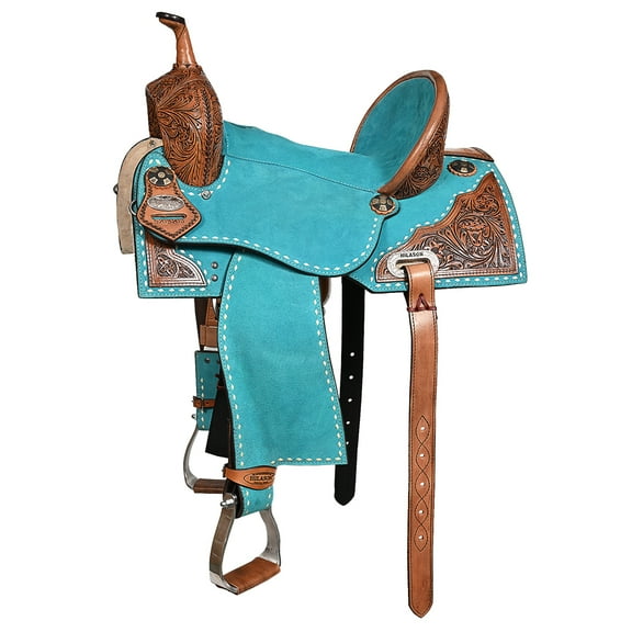 15 In Hilason Western Horse Barrel Flex Tree Trail American Leather Saddle Turquoise Gorgeous Floral Hand Tooled & Carved