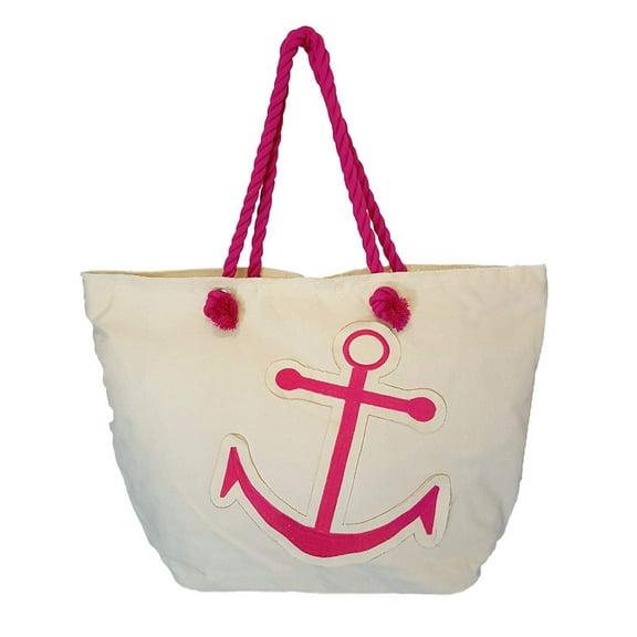 Anchor Embroidered Patch Large Shopping Tote Bag - Rope Handles Fuschia